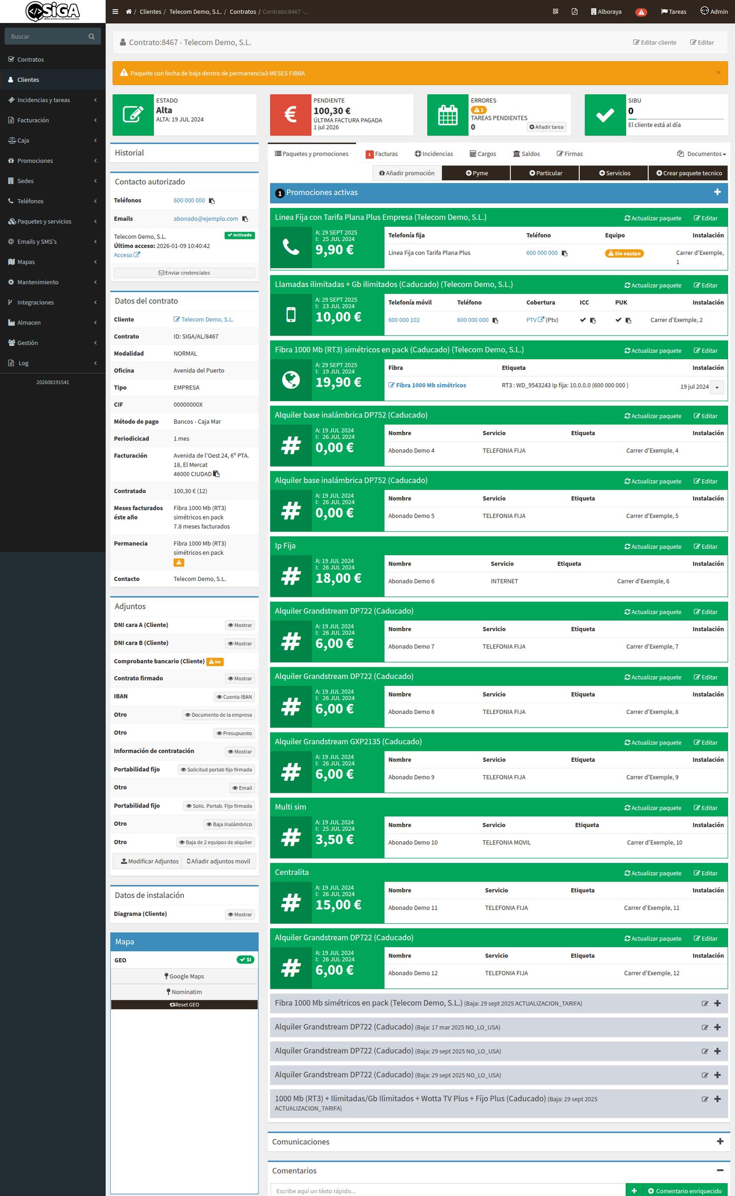 Ficha de contrato con paquetes, servicios, equipos y documentos